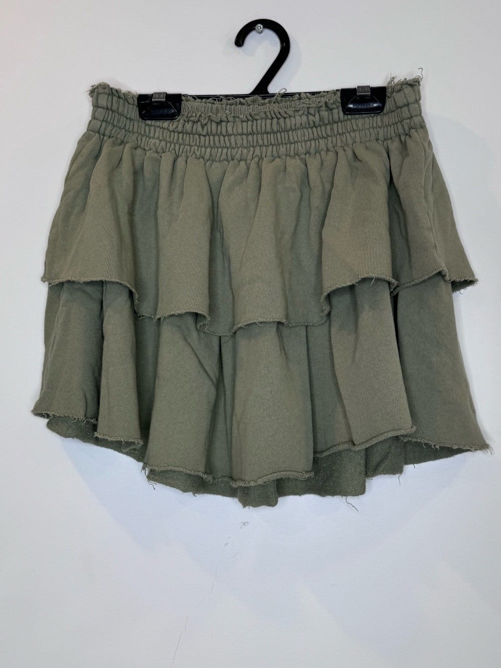 Aerie Olive Green Smocked Tiered Mini Skirt raw hem size medium